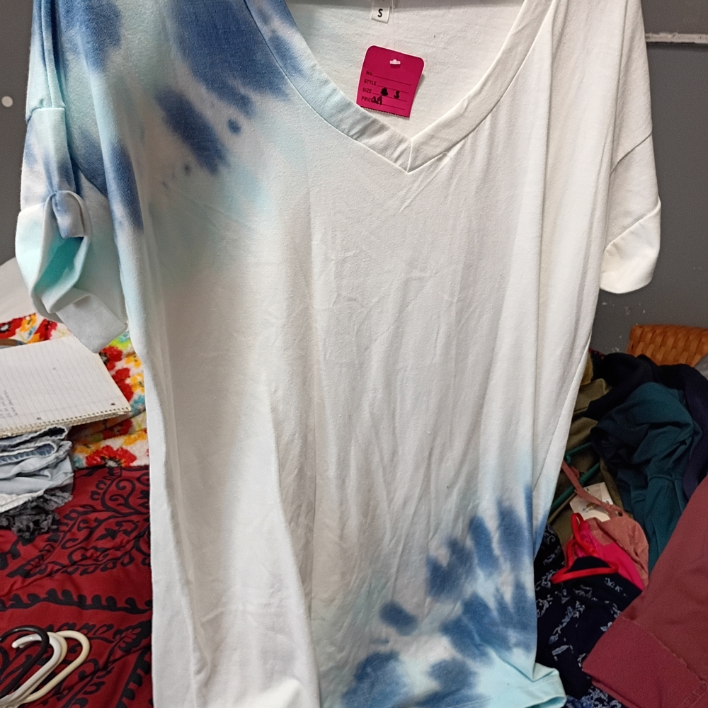 Blue and White Tie-Dye V-Neck Women's Top